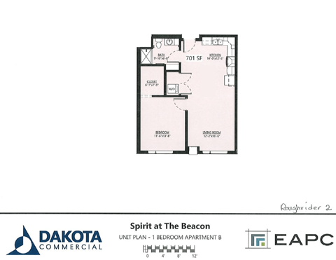 Floor plan for 1 bed, 1 bath, 743 sqft